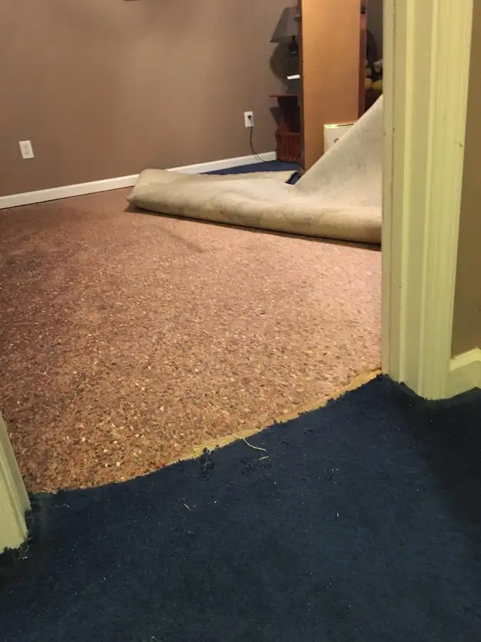 Carpet pad removal revealing water damage during Drying & Dehumidification in Wadsworth